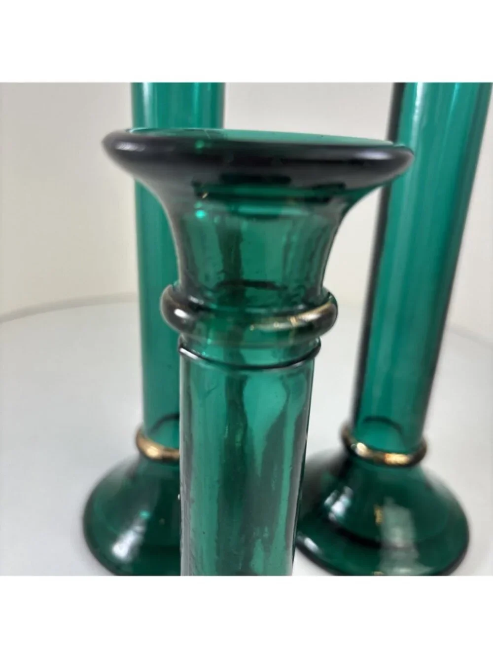 Pier 1 Green Glass Candlesticks Set Of 3 taper Holders made in Spain 11” & 6” - Picture 3 of 5